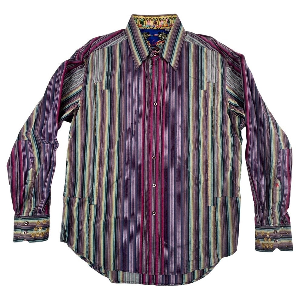 Robert Graham Mens Large Button‎ Up Shirt Purple Striped Embroidered Scooter L - Picture 2 of 16